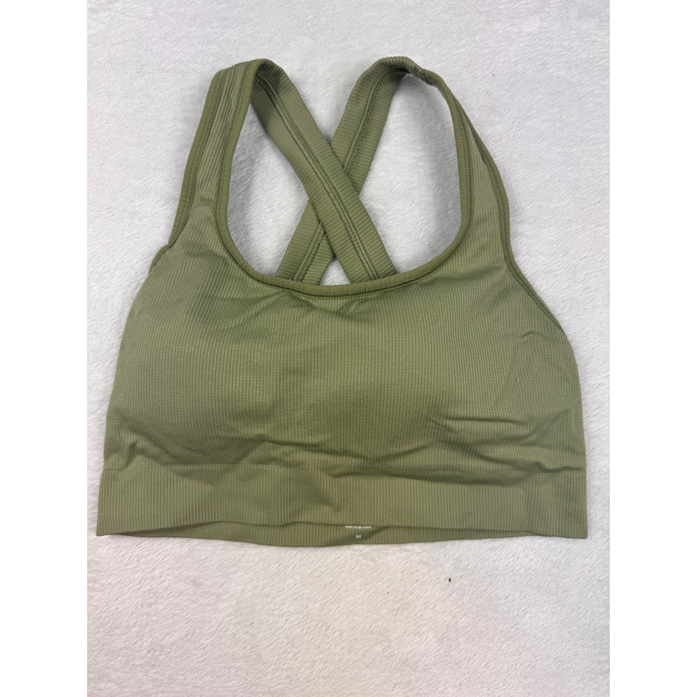 Athleta Ribbed Crisscross Back Sports Bra Olive Green Medium